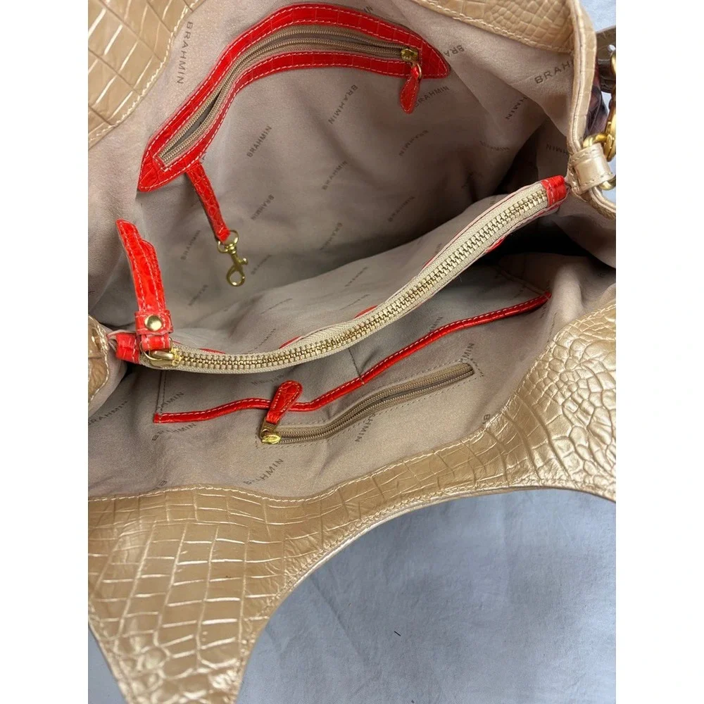 Brahmin Pecan Melbourne Croc Embossed Leather Satchel Gold Trim Brown Red Bag